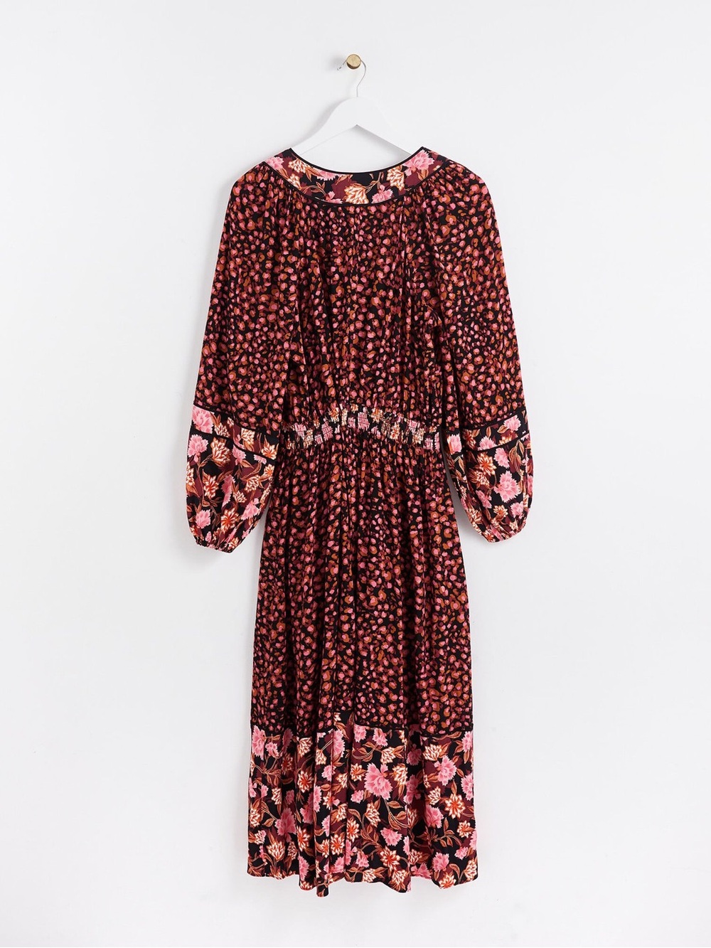 Boho Floral Long-Sleeve Midi Dress in Black and Pink